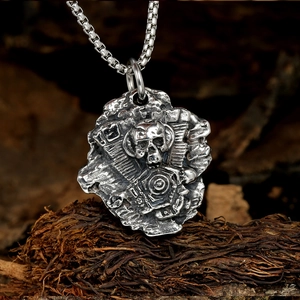 Punk gothic skull mechanical engine pendant necklace in vintage silver steel finish
