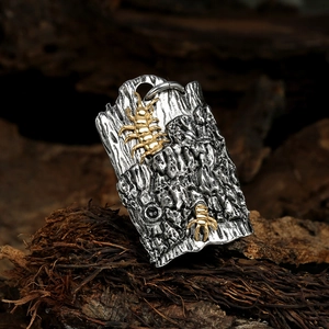 Hip hop bionic bark textured pendant with gold centipede and beetle in titanium steel
