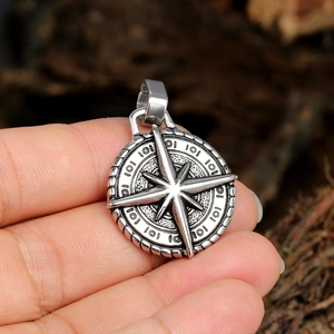 Vintage stainless steel compass pendant necklace with engraved star for men and women