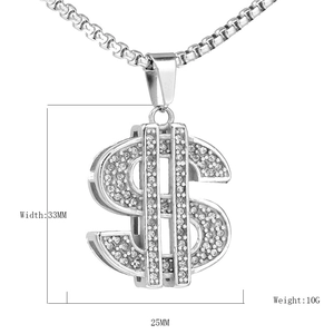 Collier pendentif dollar argenté style hip-hop avec cristaux et dimensions détaillées