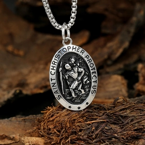 Collier avec pendentif ovale Saint Christophe en acier inoxydable et chaîne à billes