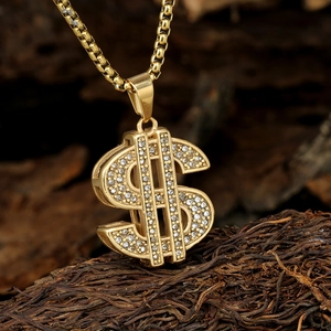 Pendentif signe dollar style hip hop en or avec strass brillants et chaîne box