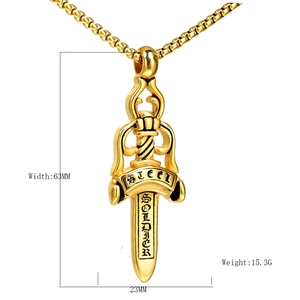 Golden gothic sword pendant necklace in stainless steel with detailed box chain