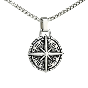 Vintage Stainless Steel Compass Pendant Necklace For Men Eight-Pointed Star Round Medallion Punk Hip Hop Jewelry Gift
