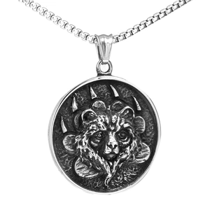 Vintage Stainless Steel Bear Head Round Shield Relief Pendant Necklace Retro Distressed Animal Punk Viking Jewelry For Men