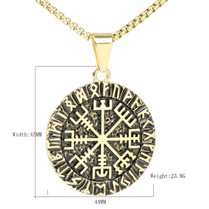 Nordische Wikinger Vegvisir Kompass Halskette mit goldenen Runen und Perlenkette