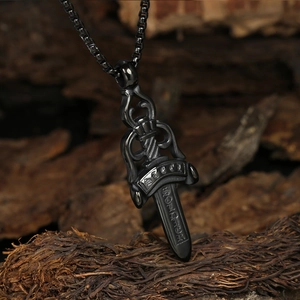 Gothic style black stainless steel dagger pendant necklace with detailed engravings