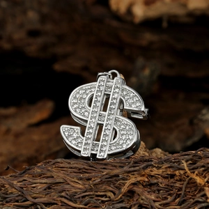 Vue macro d'un pendentif signe dollar argenté orné de cristaux étincelants
