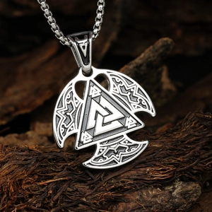 Nordic Viking Valknut pendant necklace in stainless steel with runic engraving on wood