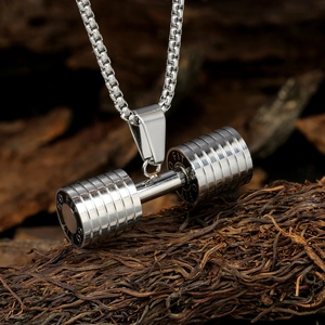 Collier pendentif haltère en argent pour homme avec gravure FIT GO et chaîne vénitienne
