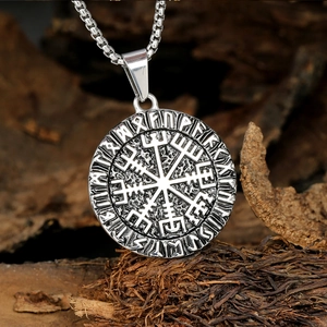 Vintage Silber Wikinger Vegvisir Kompass Anhänger Halskette mit nordischen Runen Motiven