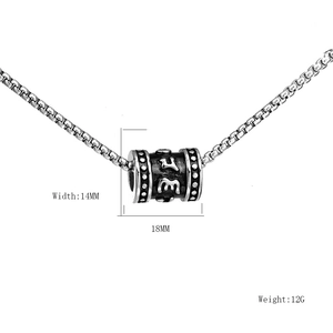Vintage stainless steel Mantra cylinder pendant necklace with dimensions 14x18mm and box chain