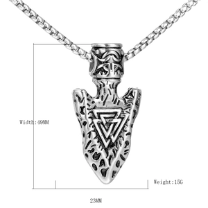 Nordic Viking Valknut pendant necklace in silver stainless steel with arrow shape design