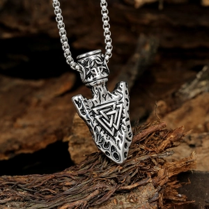 Nordic Valknut Viking pendant on tree bark with stainless steel pearl chain