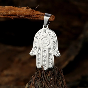 Hamsa Hand pendant necklace for men in silver stainless steel with white rhinestones
