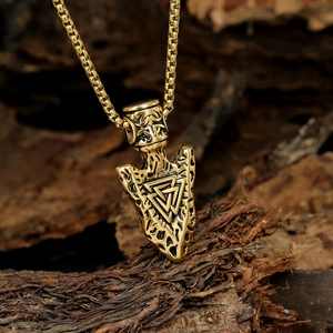 Nordic Viking Odin Valknut triangle pendant necklace in antique gold stainless steel