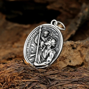 Vintage stainless steel Spartan St. Christopher oval pendant necklace with embossed relief