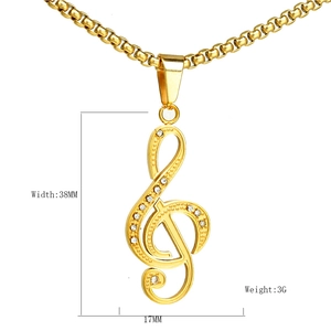 Pendentif note de musique dorée avec cristaux, 38mm de hauteur, bijoux acier inoxydable