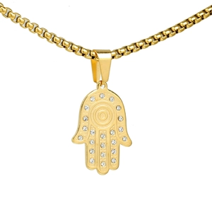 Gold Hamsa Hand pendant necklace with white zircon inlays on a stainless steel box chain