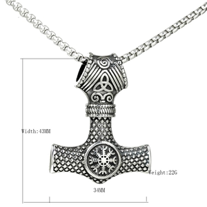 Nordic Viking Thor's Hammer Mjölnir pendant necklace in stainless steel with Vegvisir symbol