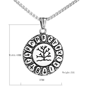 Vintage stainless steel Viking Yggdrasil pendant with Runes on a square pearl chain