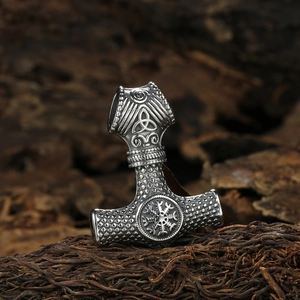 Vintage stainless steel Thor's Hammer Mjölnir pendant necklace with Viking compass symbols