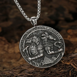 Retro stainless steel Anubis coin pendant necklace with Liberty 1913 relief and box chain