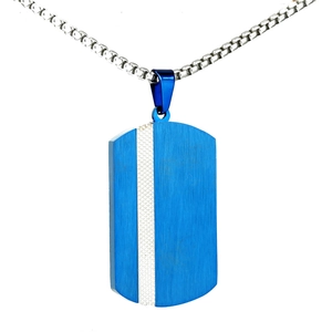 Pendentif plaque militaire bleu brossé pour homme avec grille argentée sur chaîne