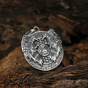 Vintage Viking Valknut necklace with Odin crows and Runic alphabets on bark background