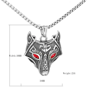 Vintage stainless steel viking wolf head pendant necklace with red zircon eyes detail