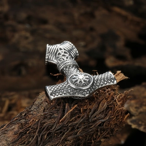 Vintage Thor's Hammer Mjölnir pendant in stainless steel with Norse rune engravings