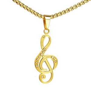 Collier Pendentif Clé De Sol Acier Inoxydable Note De Musique Symbole Musical Strass Élégant Bijoux Mode
