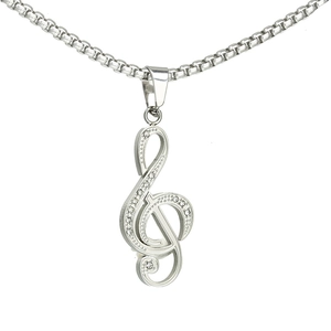 Collier pendentif clé de sol argenté avec strass brillants sur une chaîne vénitienne