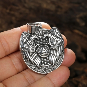 Viking Valknut pendant with Odin's ravens and runic circle in vintage steel finish