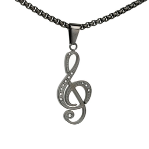 Collier pendentif clé de sol style punk fini bronze avec des zircons étincelants