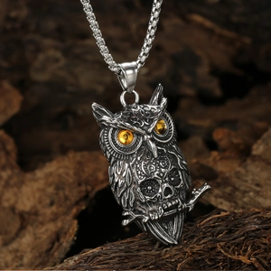 Collier vintage en acier inoxydable avec pendentif hibou et crâne et pierres d'ambre