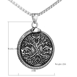 Viking Tree of Life pendant necklace with Ouroboros snake and Nordic wolves design