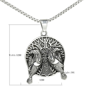 Vintage stainless steel Viking Yggdrasil pendant necklace featuring twin crows design