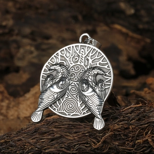 Retro stainless steel Viking crow and tree of life circular medallion pendant necklace