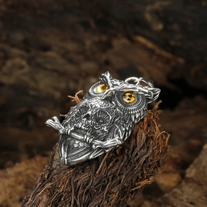 Collier gothique en acier inoxydable avec pendentif hibou crâne et gemmes ambrées