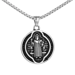 Vintage stainless steel St. Benedict oval medallion pendant with box chain for men and women