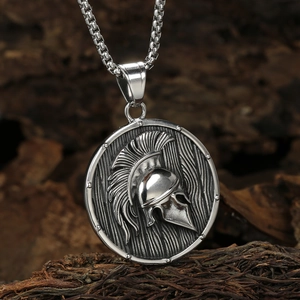 Vintage stainless steel necklace with round Spartan helmet shield pendant on box chain