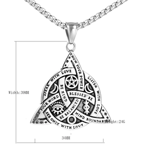 Vintage stainless steel Triquetra triangle pendant necklace with spiritual symbols and runes