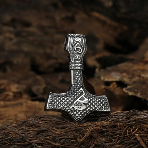 Nordic Mjolnir pendant in dual-tone stainless steel with Celtic knot and rune patterns