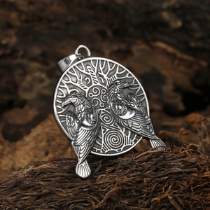 Vintage stainless steel Viking Odin raven necklace pendant with Tree of Life symbol
