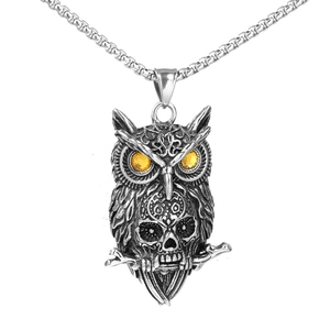 Collier Pendentif Hibou Crâne Punk Vintage pour Hommes Femmes Acier Inoxydable Rétro Gothique Animal Strass Yeux Bijoux Cadeau