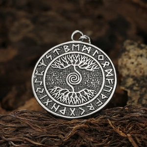 Vintage Viking Tree of Life round stainless steel pendant with Elder Futhark runes