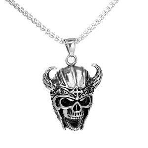 Collier Pendentif Crâne Viking en Acier Inoxydable Bijoux Punk Gothique Argent Antique pour Hommes Collier Guerrier Crâne