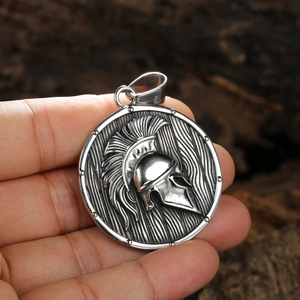 Vintage stainless steel knight helmet pendant necklace for men with engraved shield detail