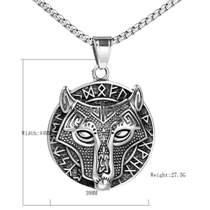Viking wolf head rune amulet pendant necklace in vintage stainless steel with size specs